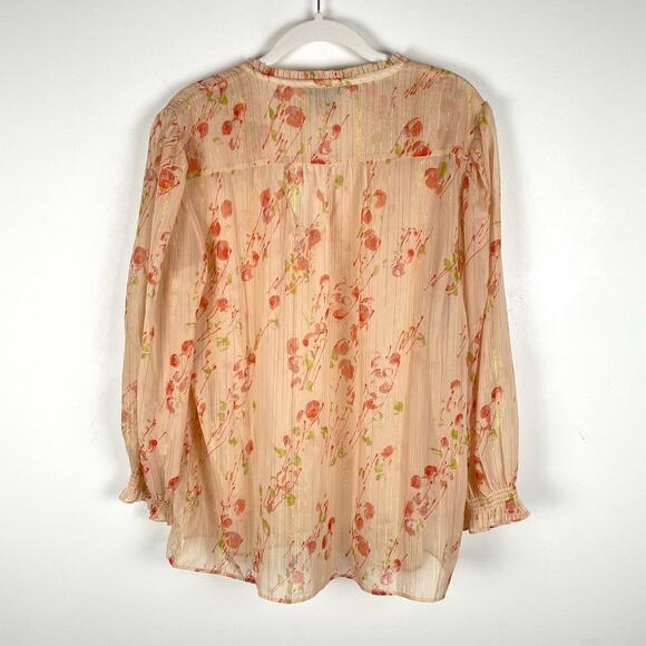 Paige Indira Sheer Floral Blouse Top Women L Metallic Stripe Afterglow Cream Red - Picture 6 of 11